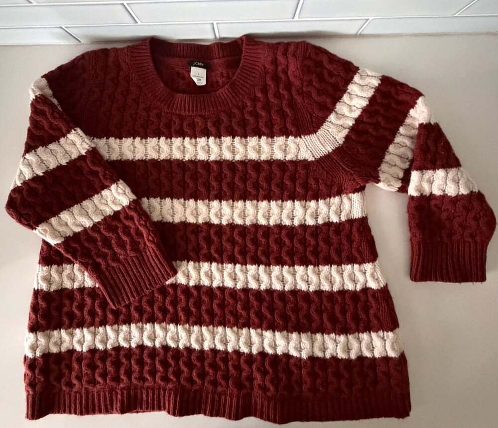 J.Crew Cable Knit Sweater Size L Merino Wool Striped rust and cream